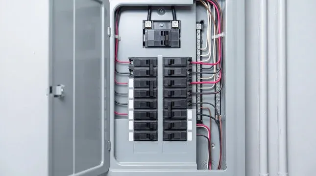 Electrical panel with circuit breakers and organized wiring