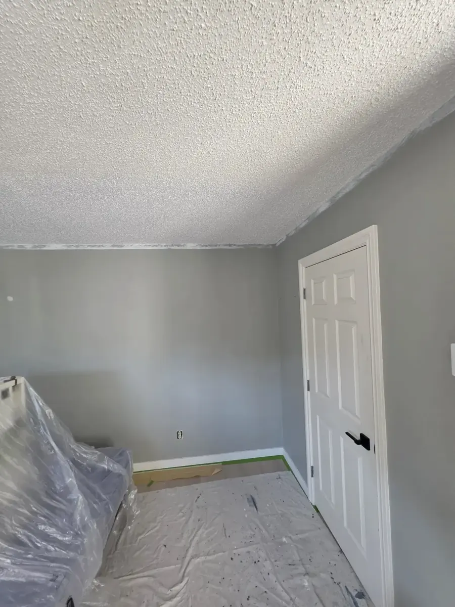 Bedroom freshly painted grey with white trim and a new six-panel door